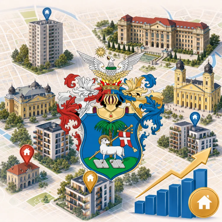 Debrecen térképes illusztrációja címerrel, ikonikus épületekkel, társasházakkal és bérleti díj növekedést jelző grafikonnal
